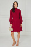 6Pcs Red Shirred Neck Long Sleeve Dress