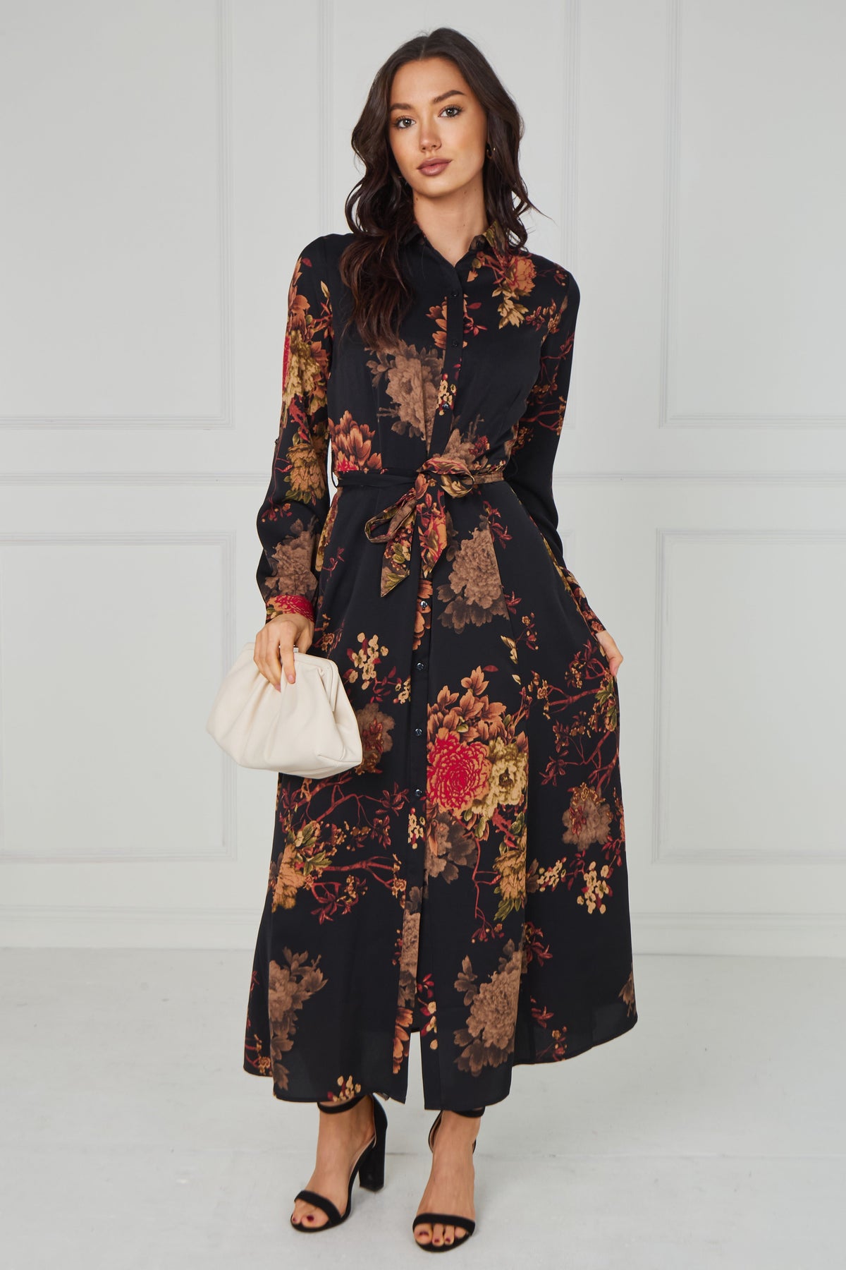 8Pcs Black Vintage Bloom Printed Maxi Shirt Dress