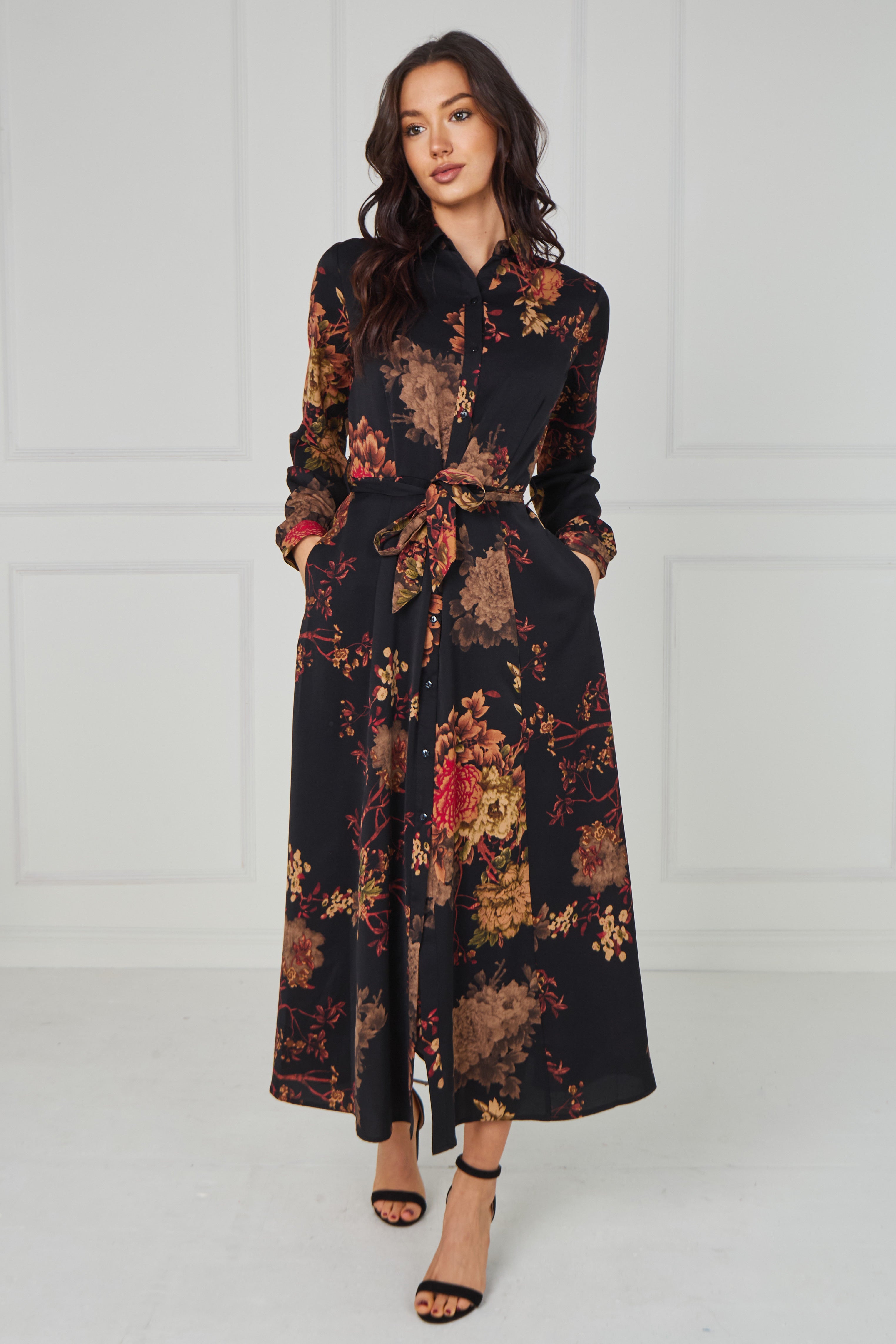 8Pcs Black Vintage Bloom Printed Maxi Shirt Dress