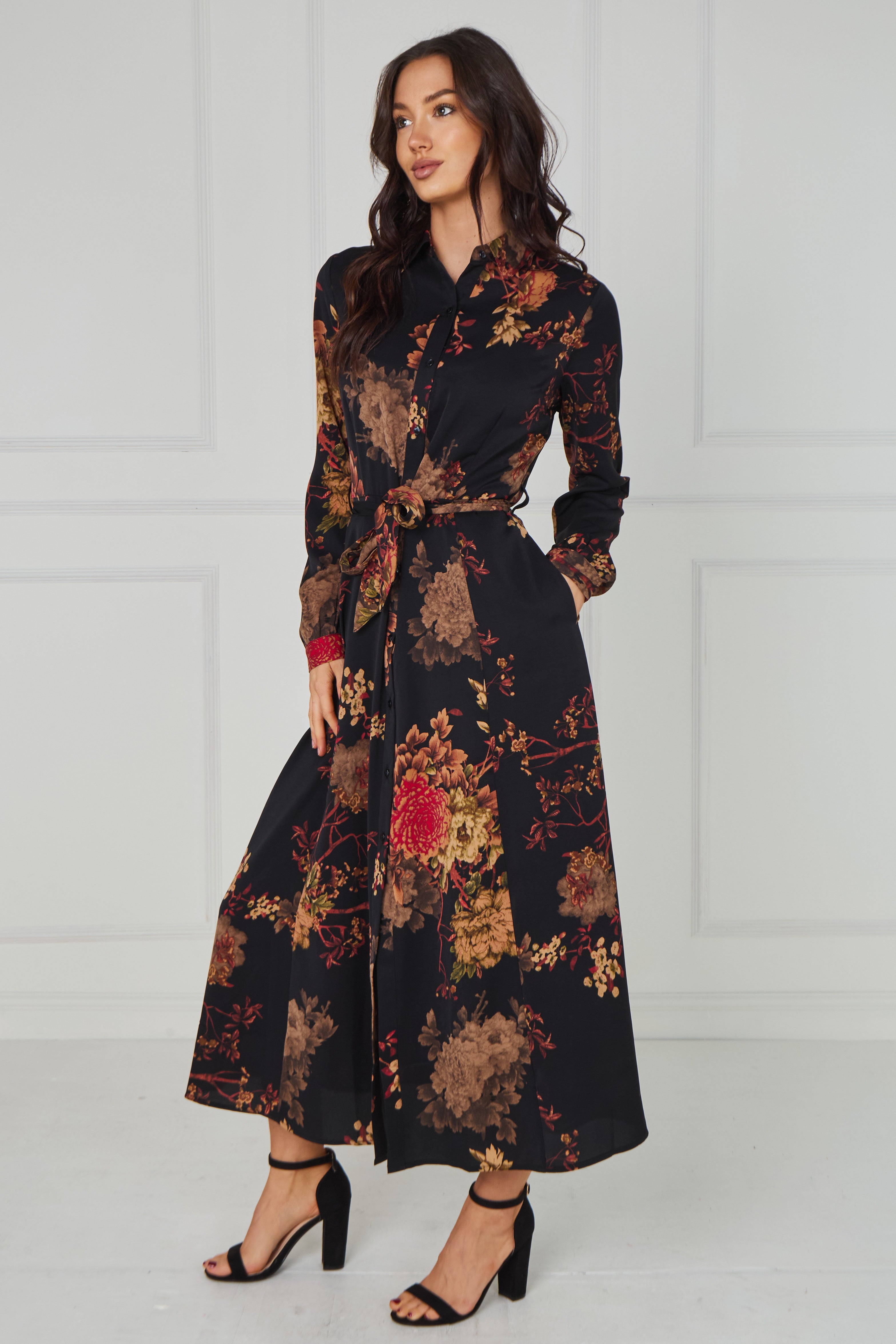 8Pcs Black Vintage Bloom Printed Maxi Shirt Dress