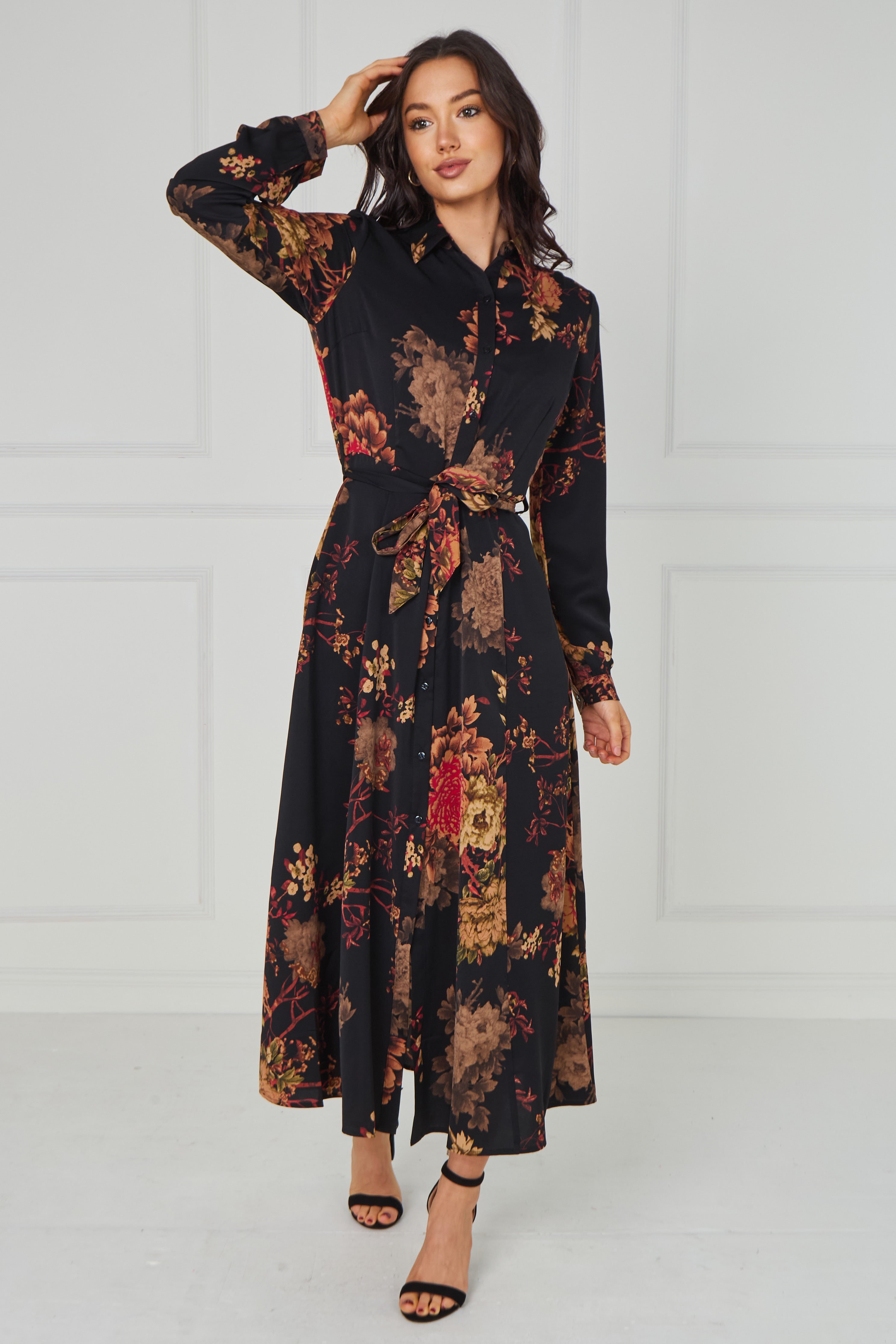 8Pcs Black Vintage Bloom Printed Maxi Shirt Dress