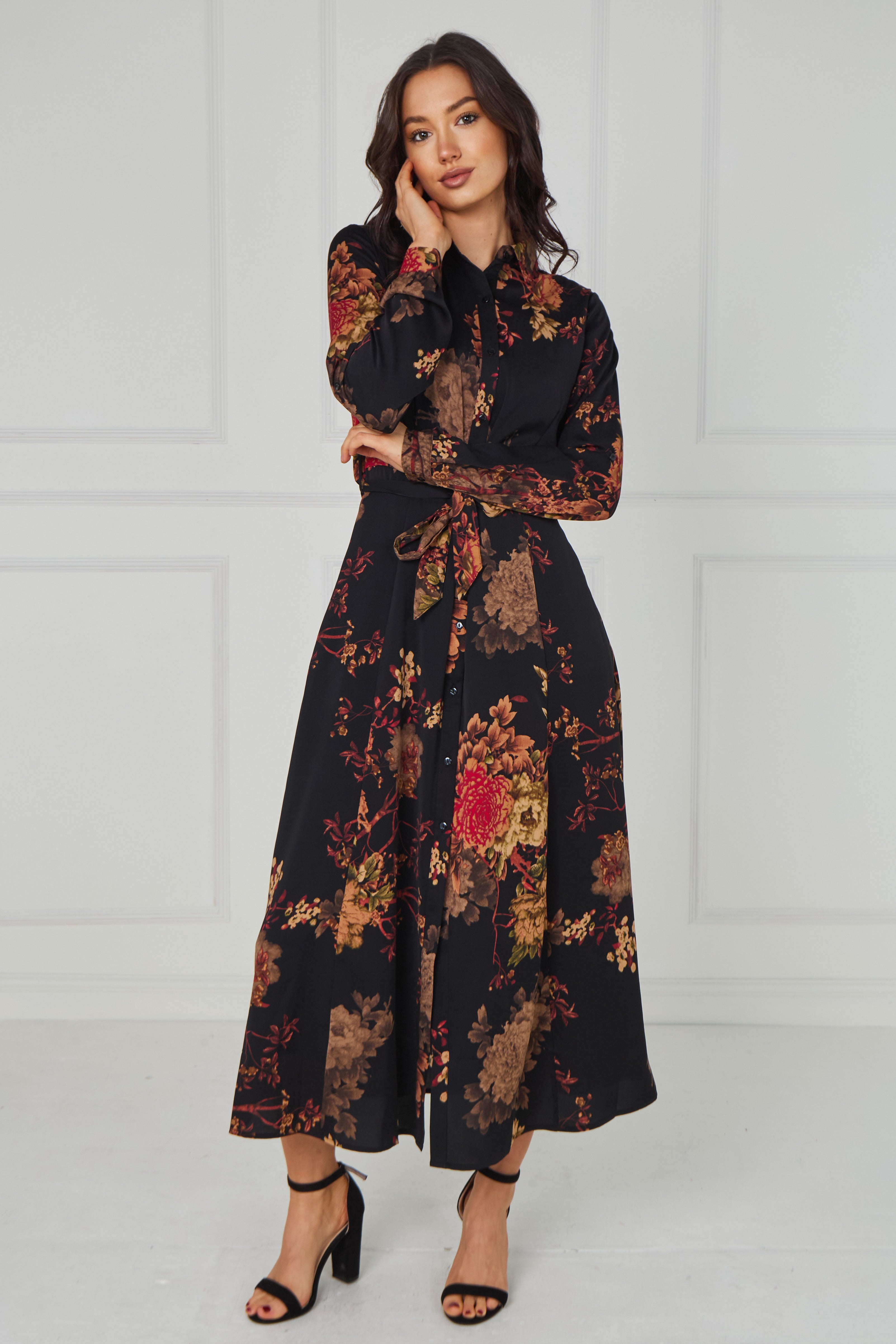 8Pcs Black Vintage Bloom Printed Maxi Shirt Dress