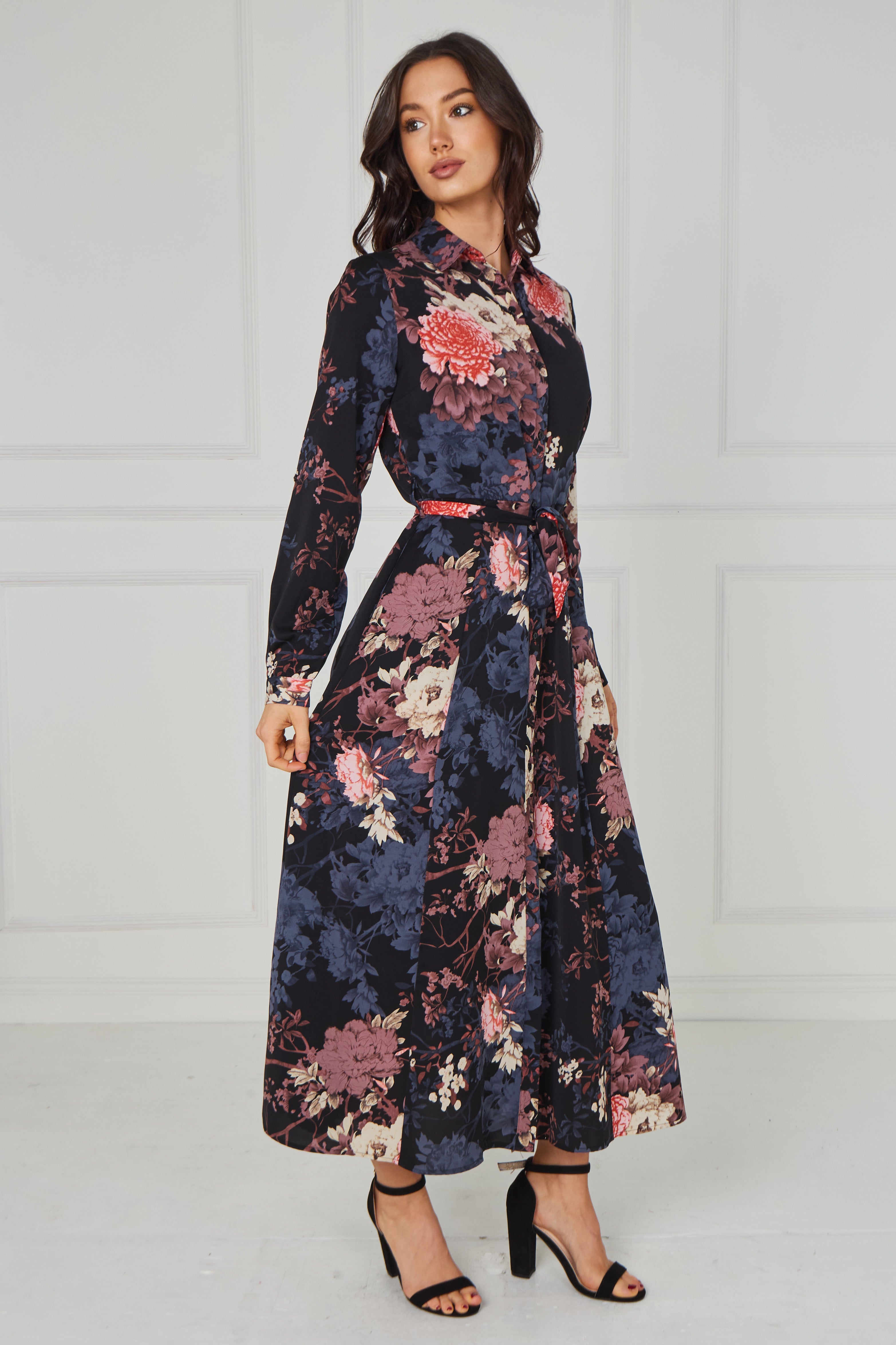 8Pcs Navy Vintage Bloom Printed Maxi Shirt Dress