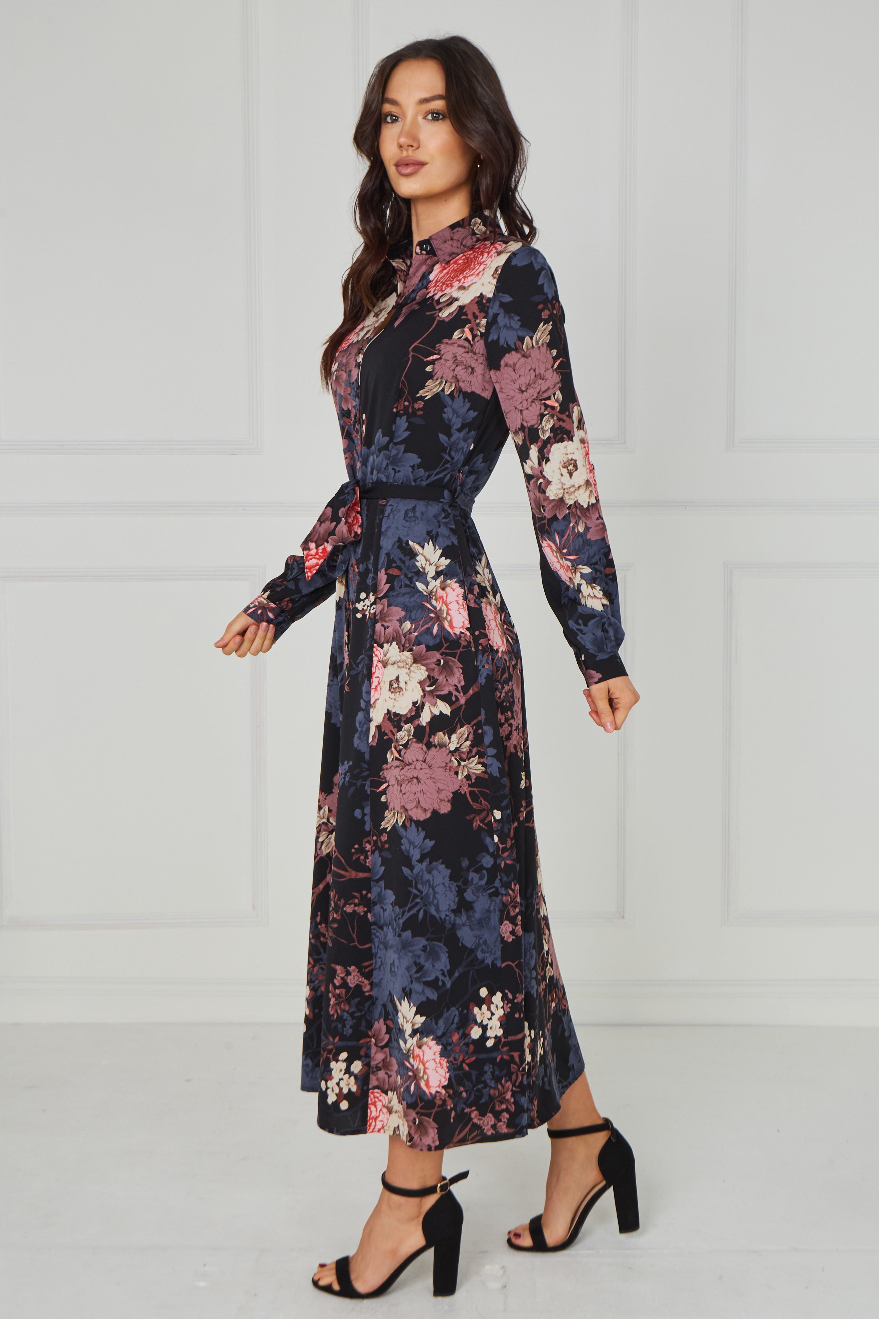 8Pcs Navy Vintage Bloom Printed Maxi Shirt Dress