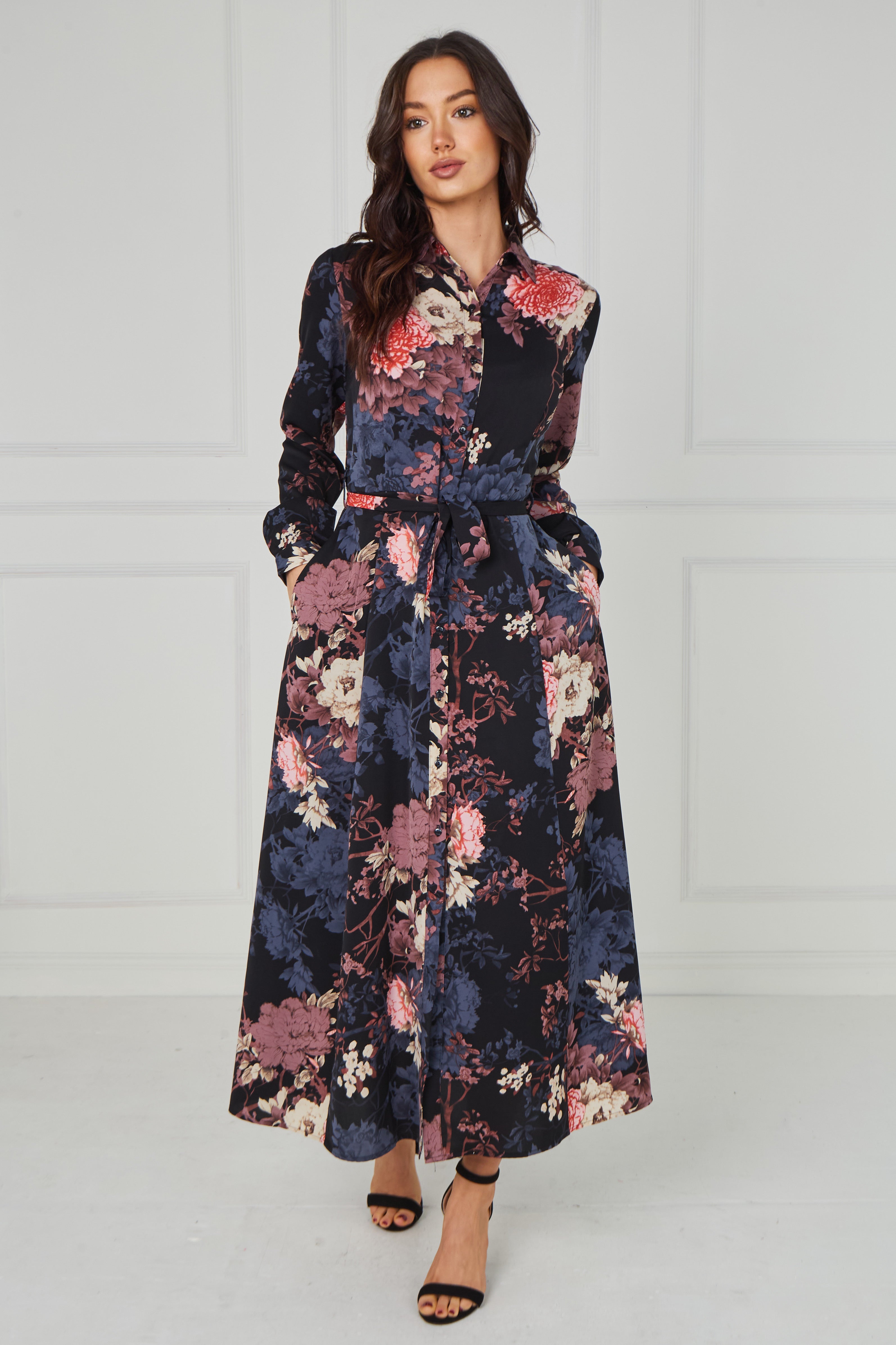 8Pcs Navy Vintage Bloom Printed Maxi Shirt Dress