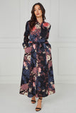 8Pcs Navy Vintage Bloom Printed Maxi Shirt Dress