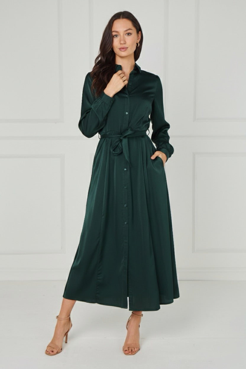 8Pcs Emerald Velvety Satin Maxi Shirt Dress