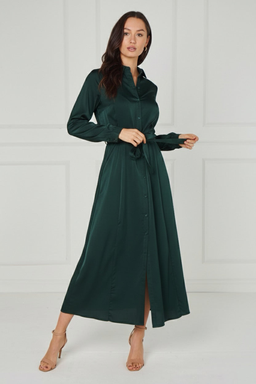 8Pcs Emerald Velvety Satin Maxi Shirt Dress
