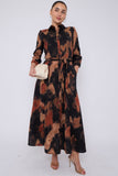 8Pcs Brown Abstract Print Maxi Shirt Dress