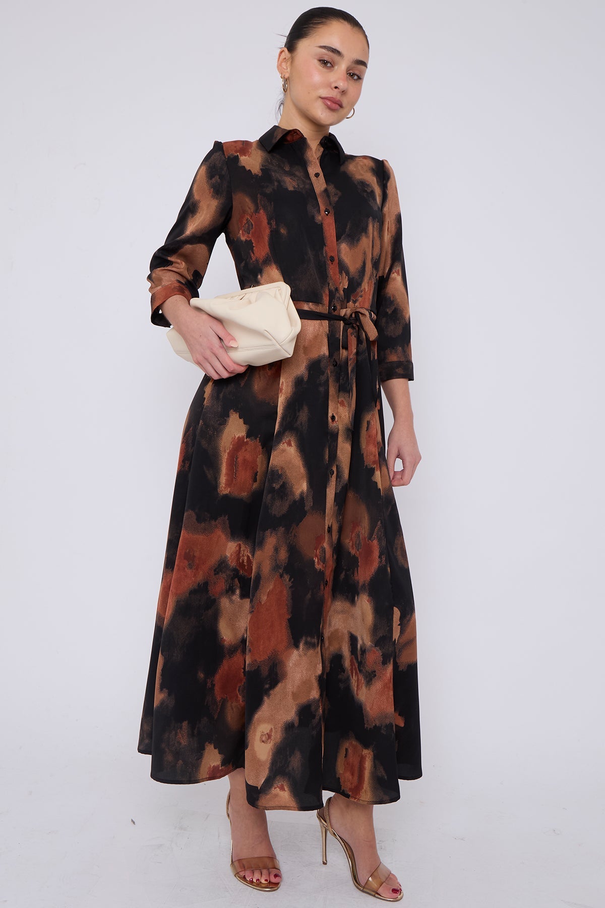 8Pcs Brown Abstract Print Maxi Shirt Dress