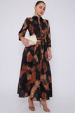 8Pcs Brown Abstract Print Maxi Shirt Dress