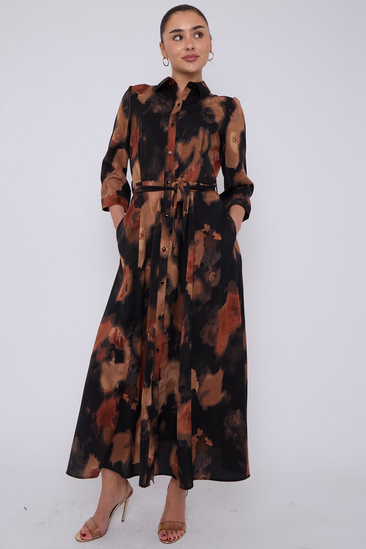 8Pcs Brown Abstract Print Maxi Shirt Dress