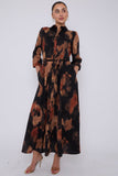 8Pcs Brown Abstract Print Maxi Shirt Dress