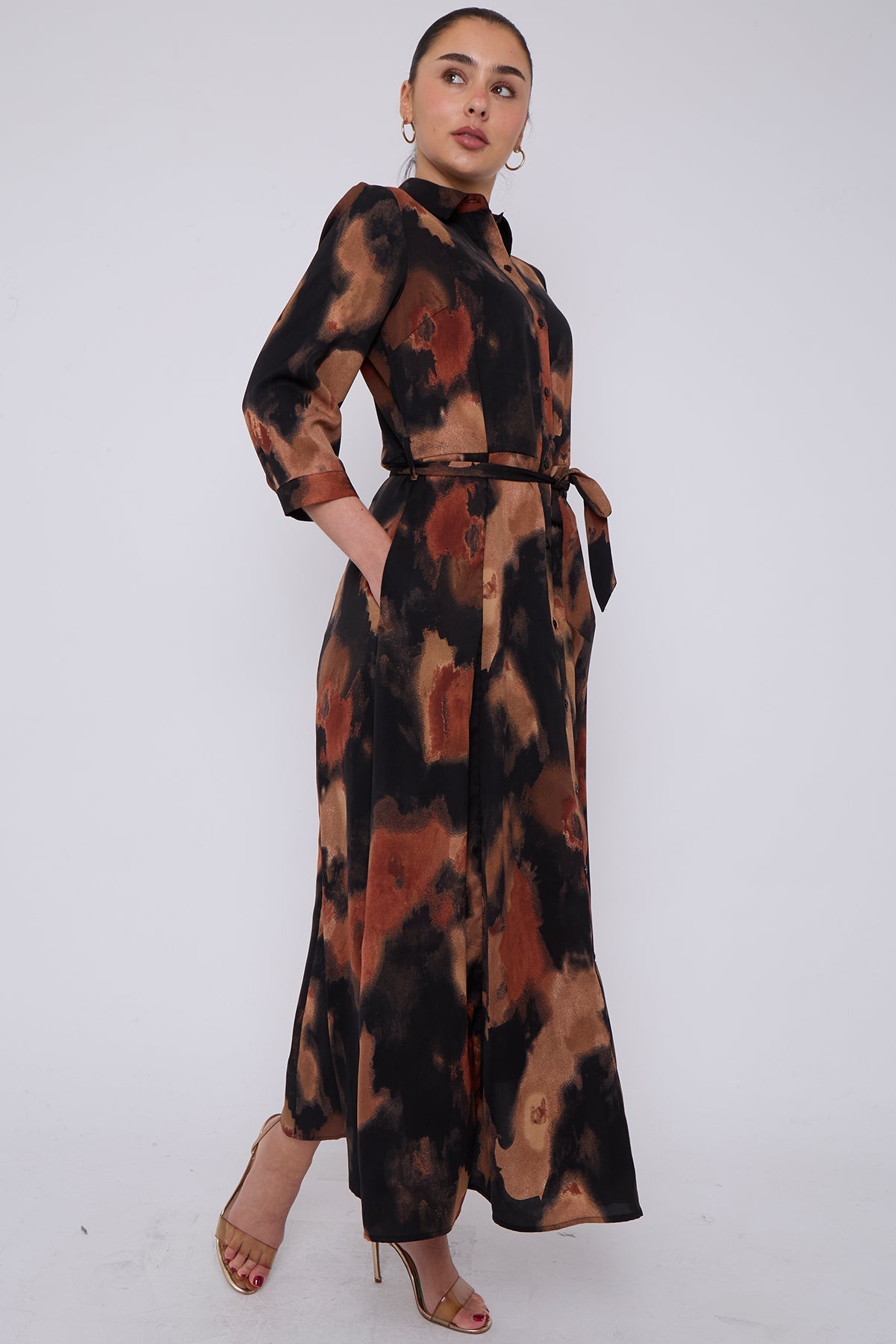 8Pcs Brown Abstract Print Maxi Shirt Dress