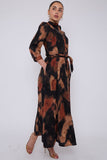 8Pcs Brown Abstract Print Maxi Shirt Dress
