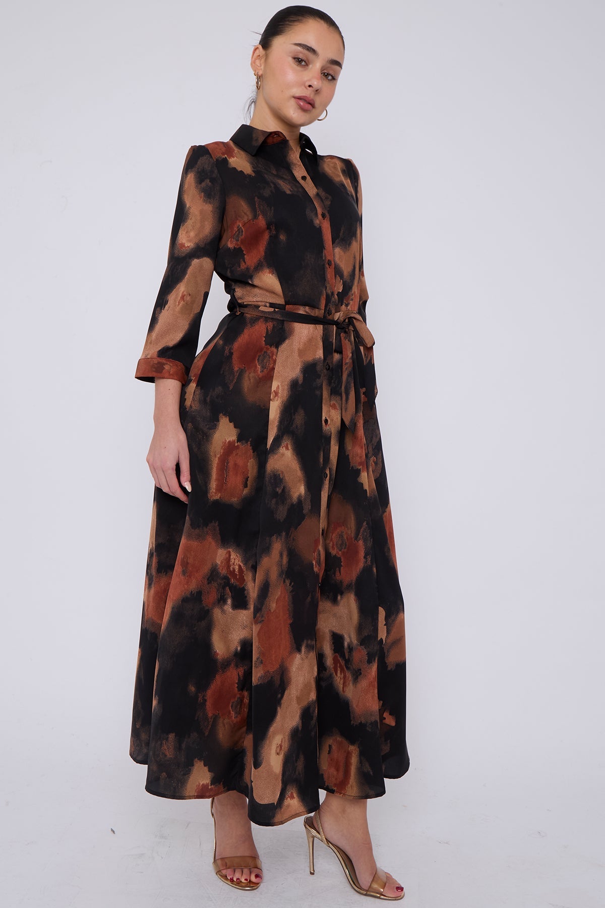 8Pcs Brown Abstract Print Maxi Shirt Dress