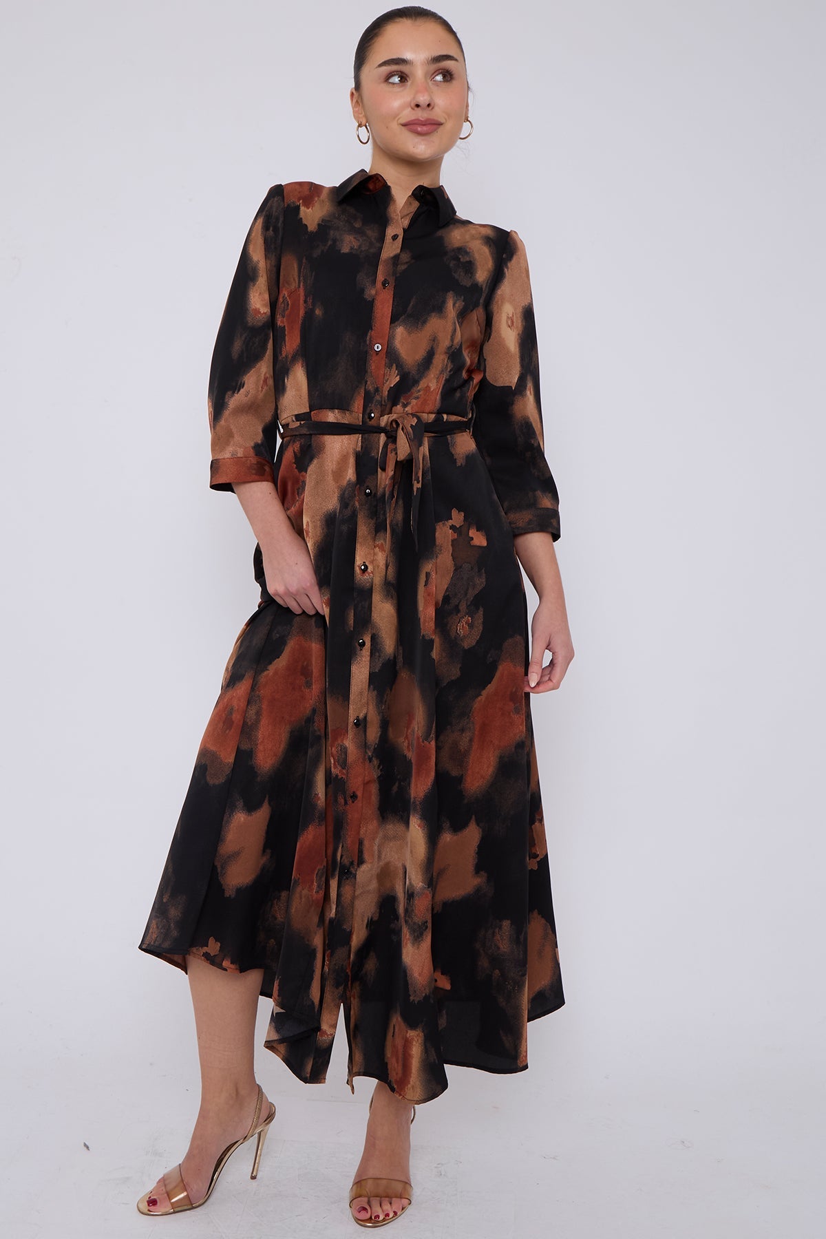 8Pcs Brown Abstract Print Maxi Shirt Dress