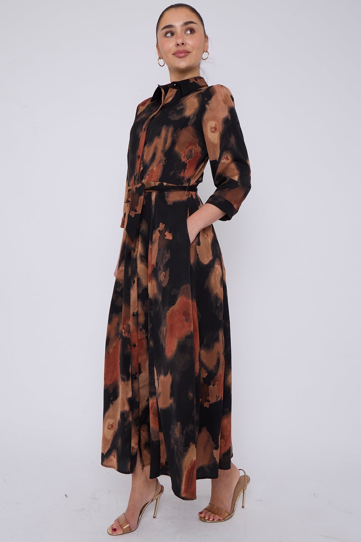8Pcs Brown Abstract Print Maxi Shirt Dress
