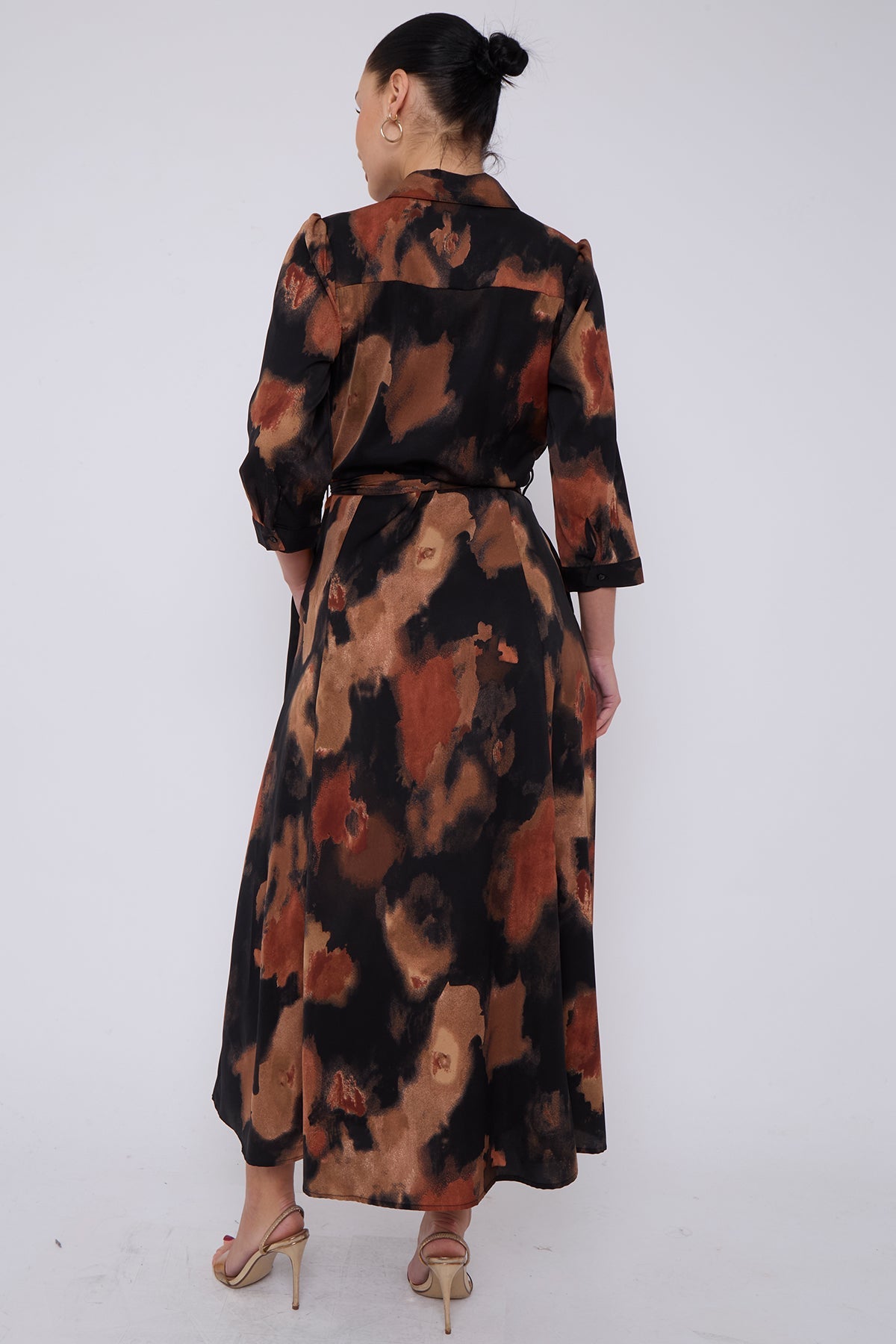 8Pcs Brown Abstract Print Maxi Shirt Dress