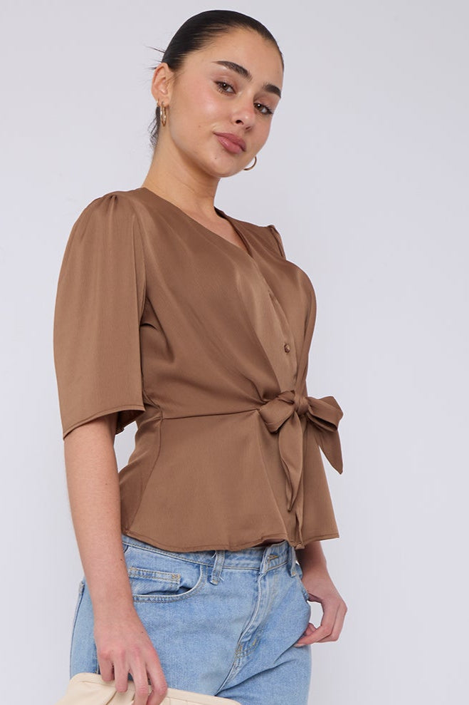 8Pcs Mocha Short Sleeve Knotted Crepe Satin Top