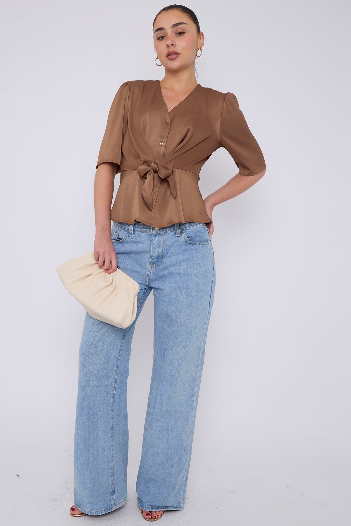 8Pcs Mocha Short Sleeve Knotted Crepe Satin Top