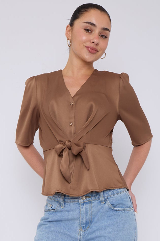 8Pcs Mocha Short Sleeve Knotted Crepe Satin Top