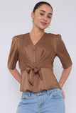8Pcs Mocha Short Sleeve Knotted Crepe Satin Top