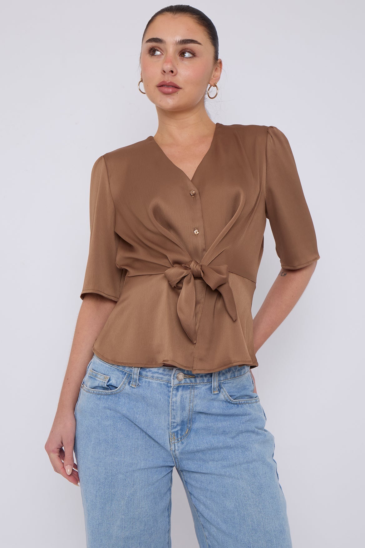 8Pcs Mocha Short Sleeve Knotted Crepe Satin Top