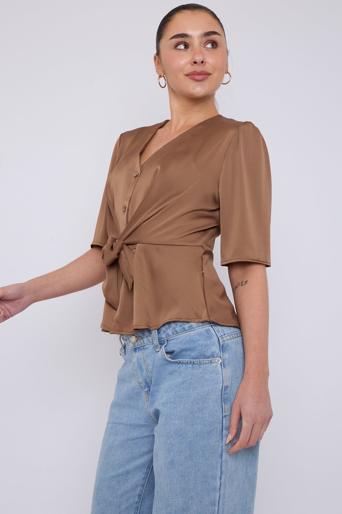 8Pcs Mocha Short Sleeve Knotted Crepe Satin Top