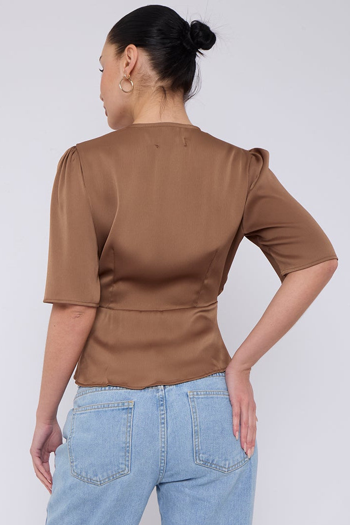 8Pcs Mocha Short Sleeve Knotted Crepe Satin Top