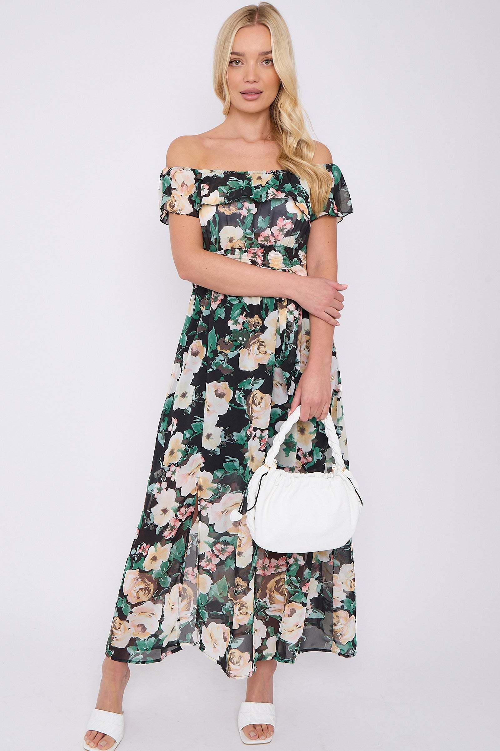 8Pcs Black Rose Floral Print Chiffon Bardot Maxi Dress