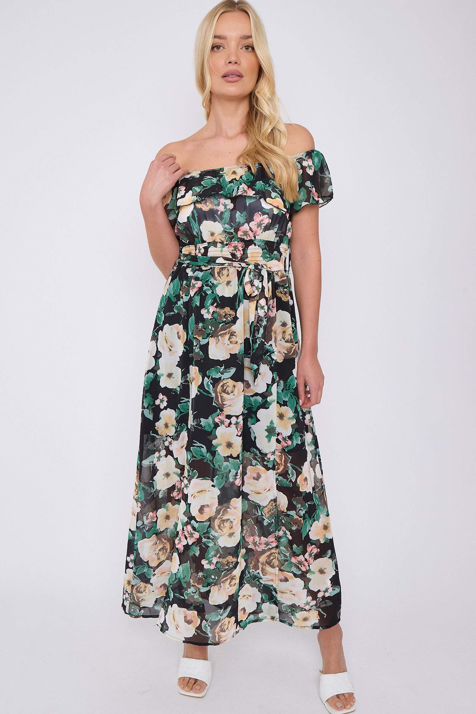 8Pcs Black Rose Floral Print Chiffon Bardot Maxi Dress