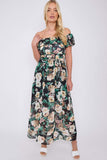 8Pcs Black Rose Floral Print Chiffon Bardot Maxi Dress