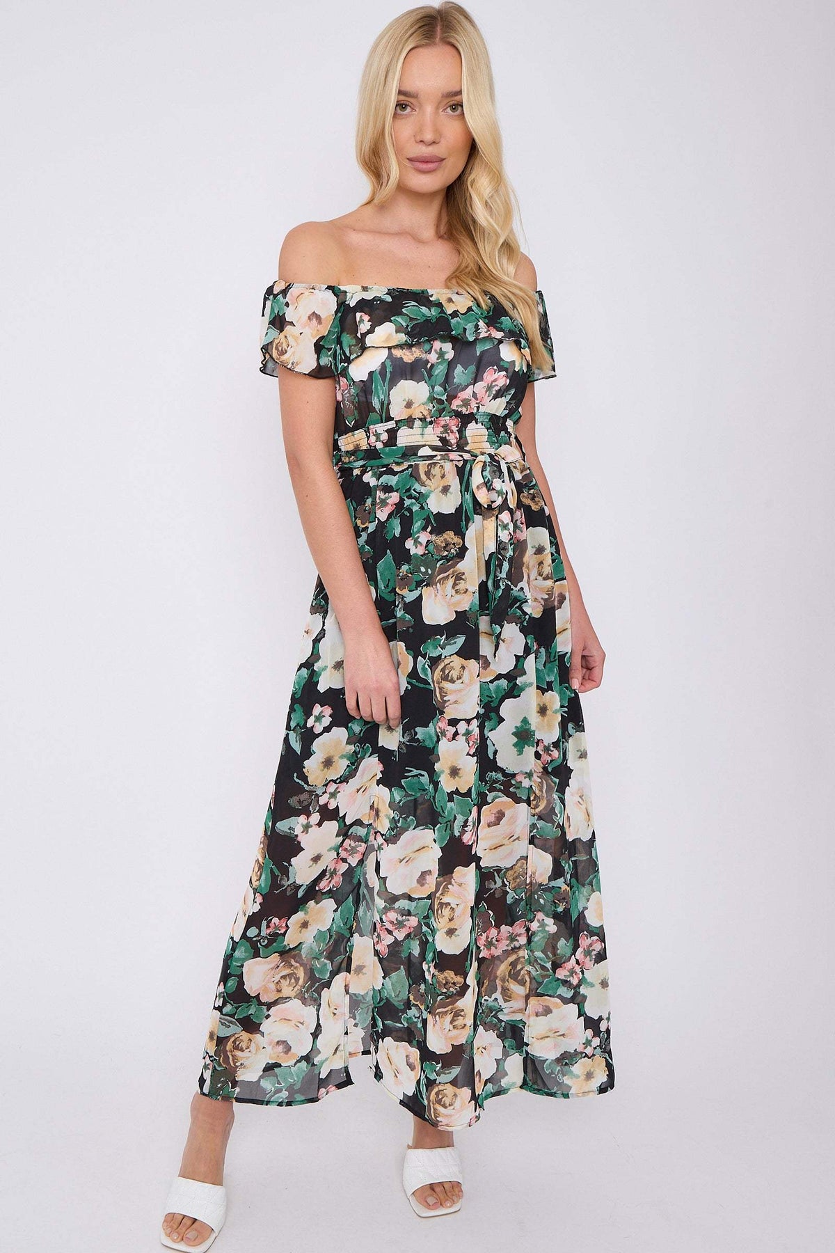 8Pcs Black Rose Floral Print Chiffon Bardot Maxi Dress