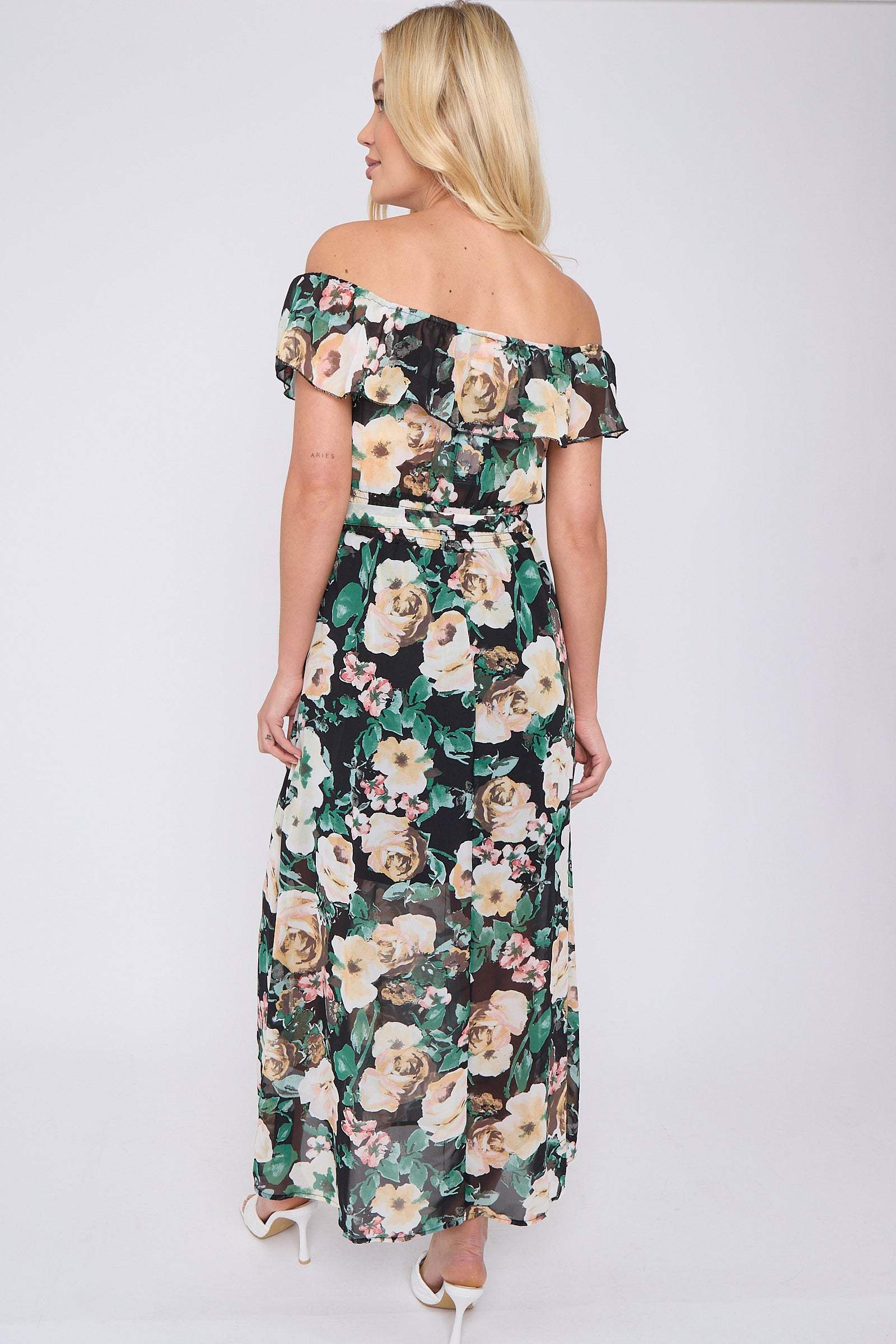 8Pcs Black Rose Floral Print Chiffon Bardot Maxi Dress