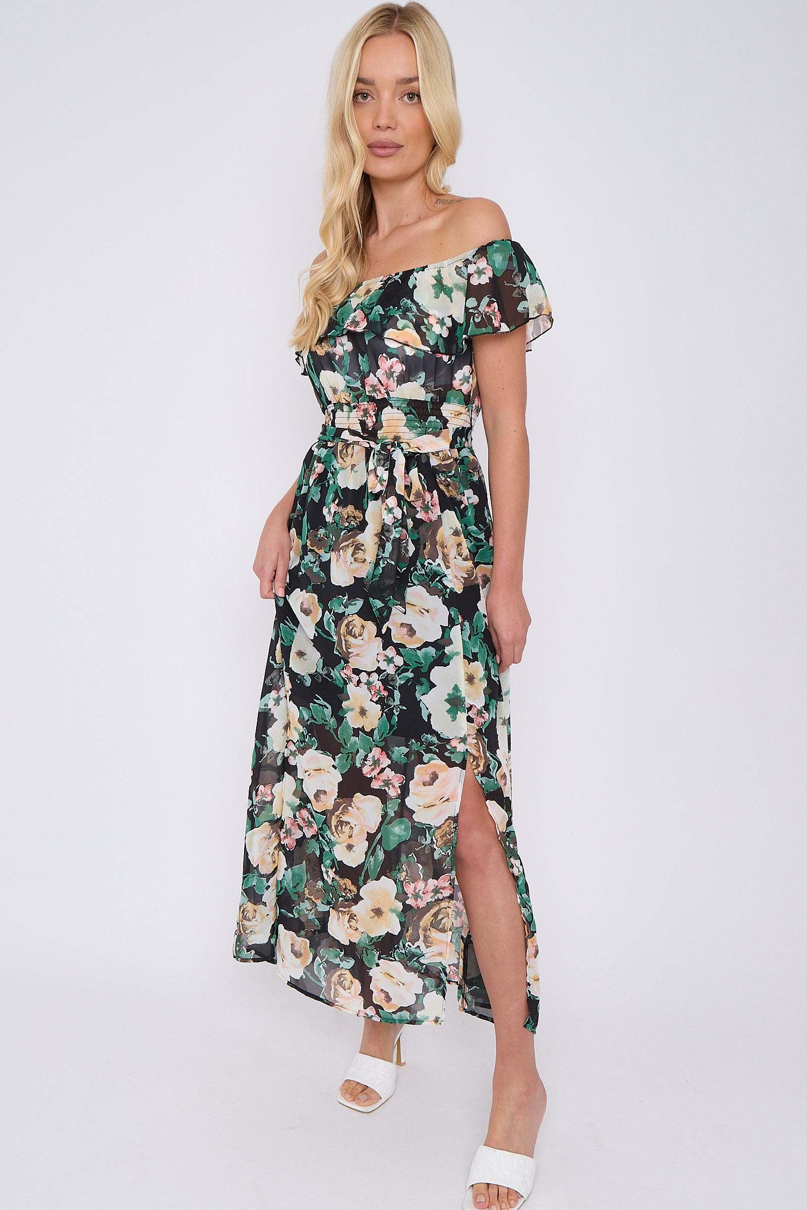 8Pcs Black Rose Floral Print Chiffon Bardot Maxi Dress