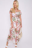 8Pcs White Palm Leaf Print Chiffon Bardot Maxi Dress