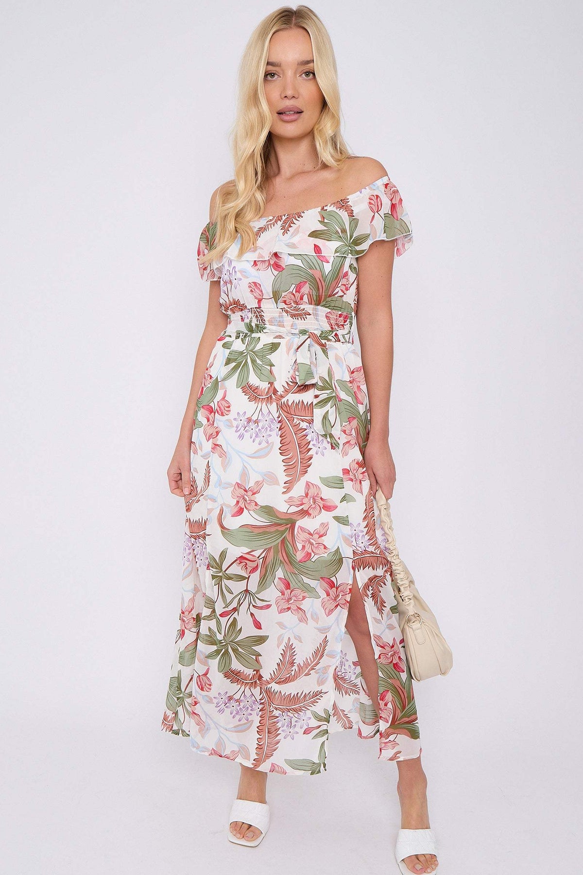 8Pcs White Palm Leaf Print Chiffon Bardot Maxi Dress