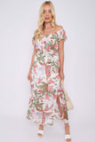 8Pcs White Palm Leaf Print Chiffon Bardot Maxi Dress