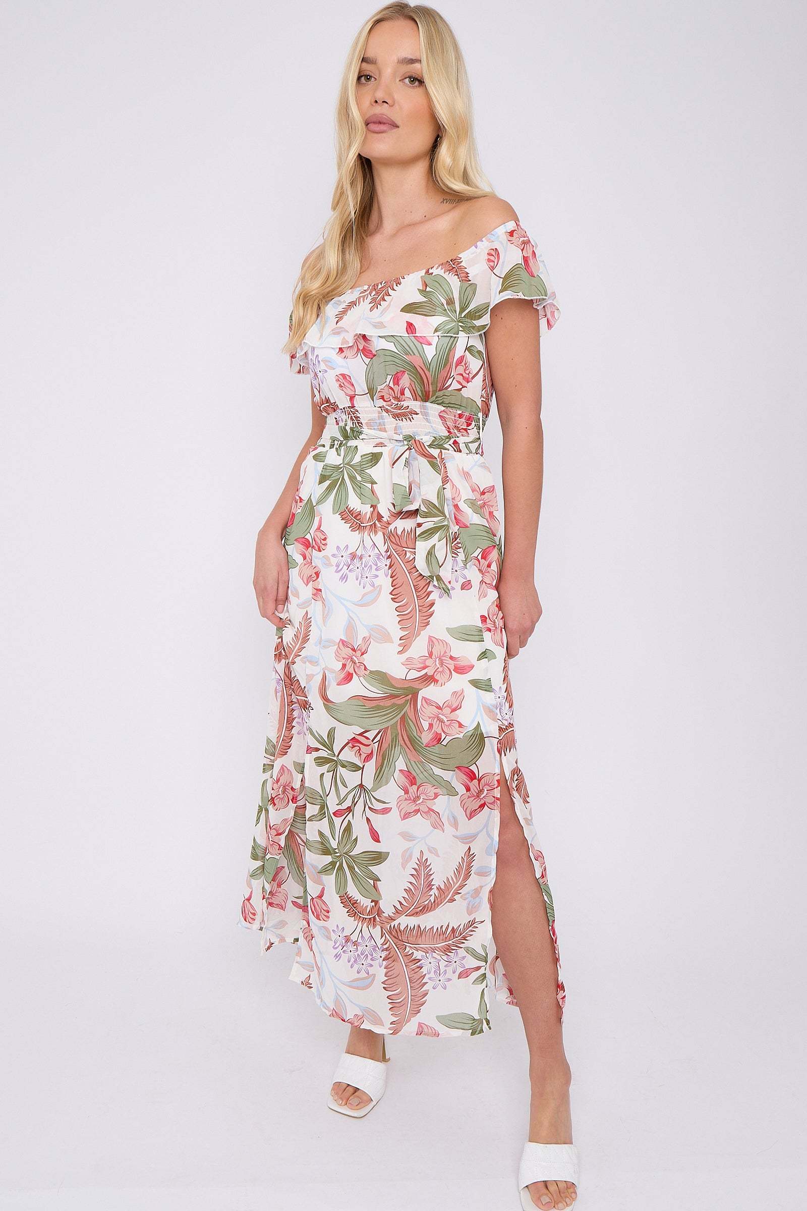 8Pcs White Palm Leaf Print Chiffon Bardot Maxi Dress