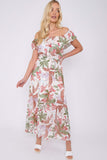 8Pcs White Palm Leaf Print Chiffon Bardot Maxi Dress