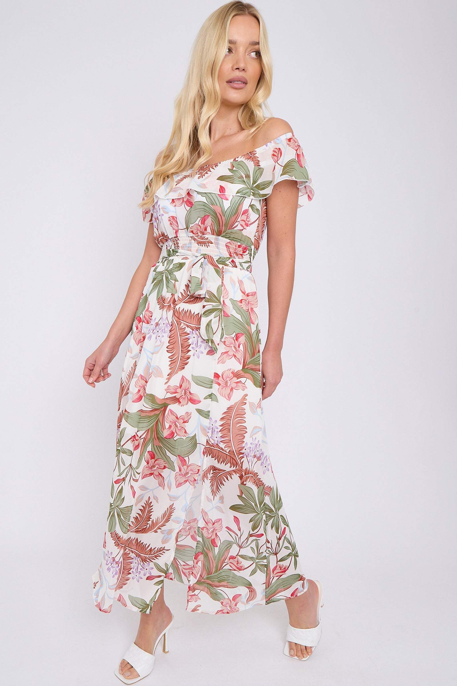 8Pcs White Palm Leaf Print Chiffon Bardot Maxi Dress