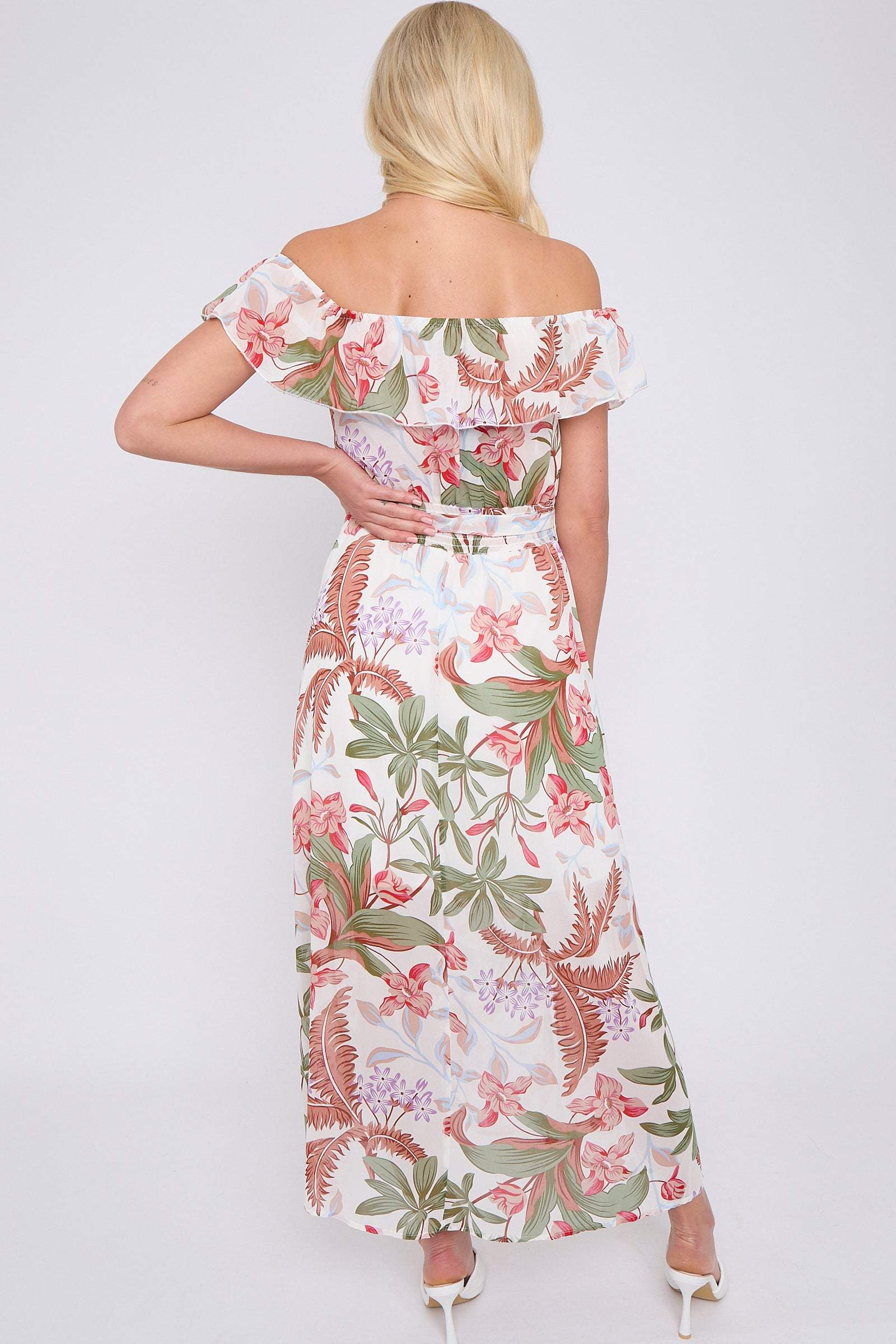 8Pcs White Palm Leaf Print Chiffon Bardot Maxi Dress