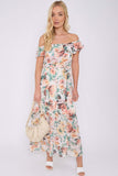8Pcs Cream Rose Floral Print Chiffon Bardot Maxi Dress