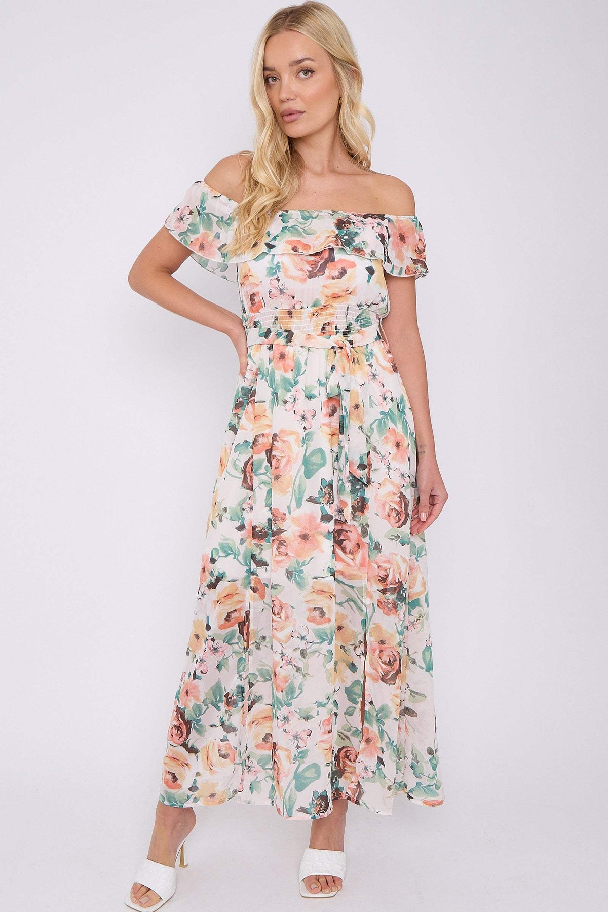 8Pcs Cream Rose Floral Print Chiffon Bardot Maxi Dress