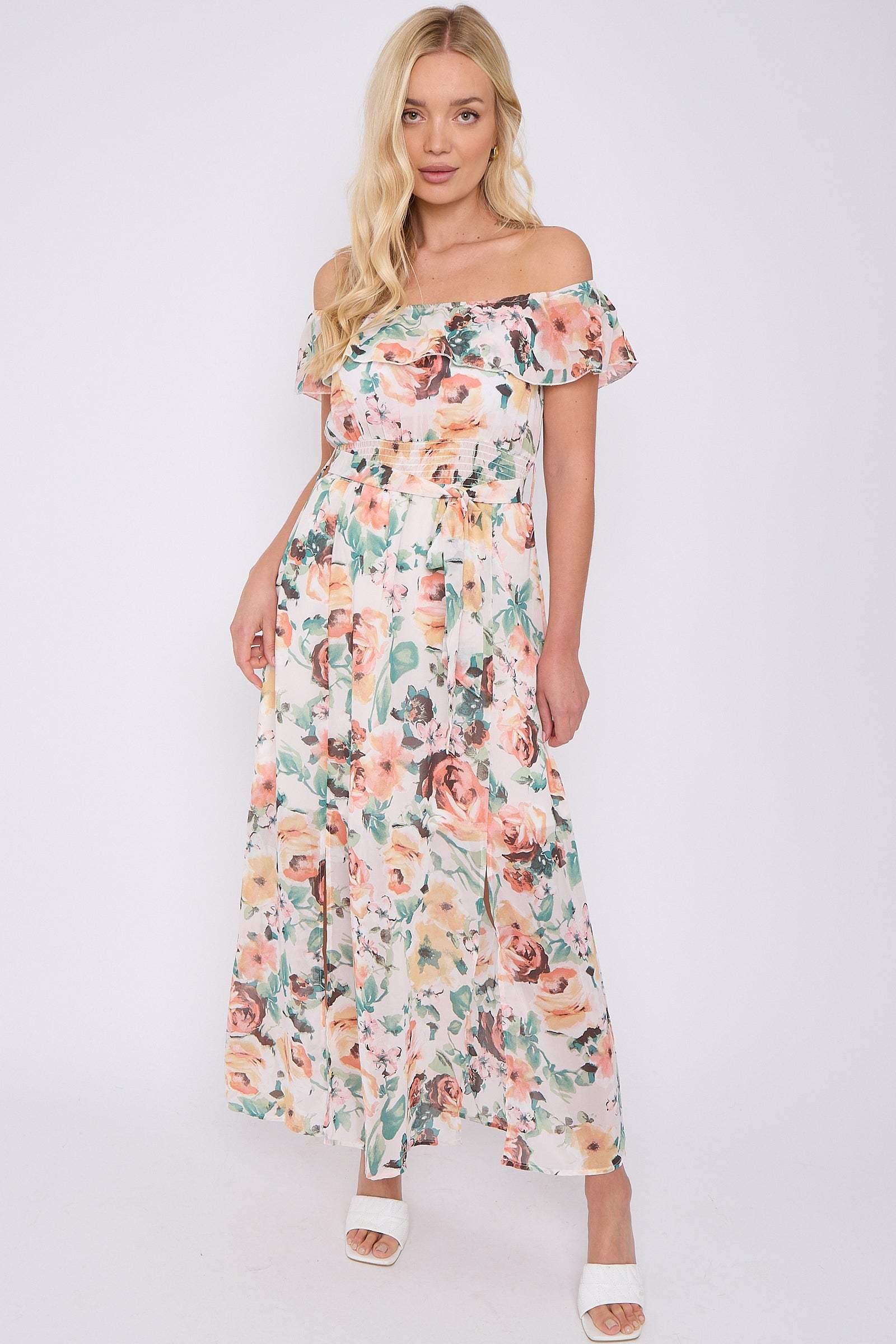 8Pcs Cream Rose Floral Print Chiffon Bardot Maxi Dress