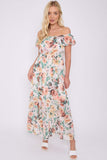 8Pcs Cream Rose Floral Print Chiffon Bardot Maxi Dress