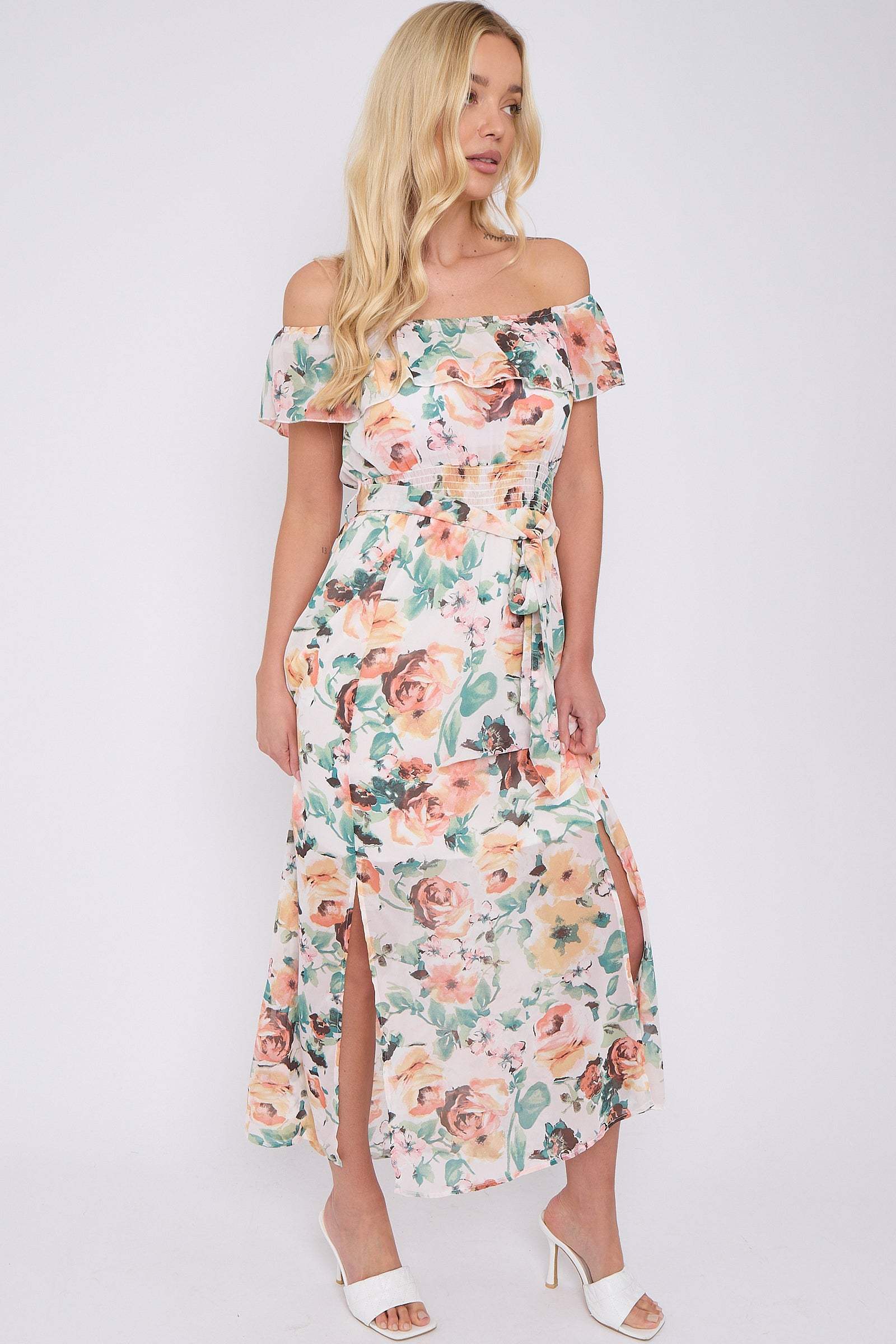 8Pcs Cream Rose Floral Print Chiffon Bardot Maxi Dress