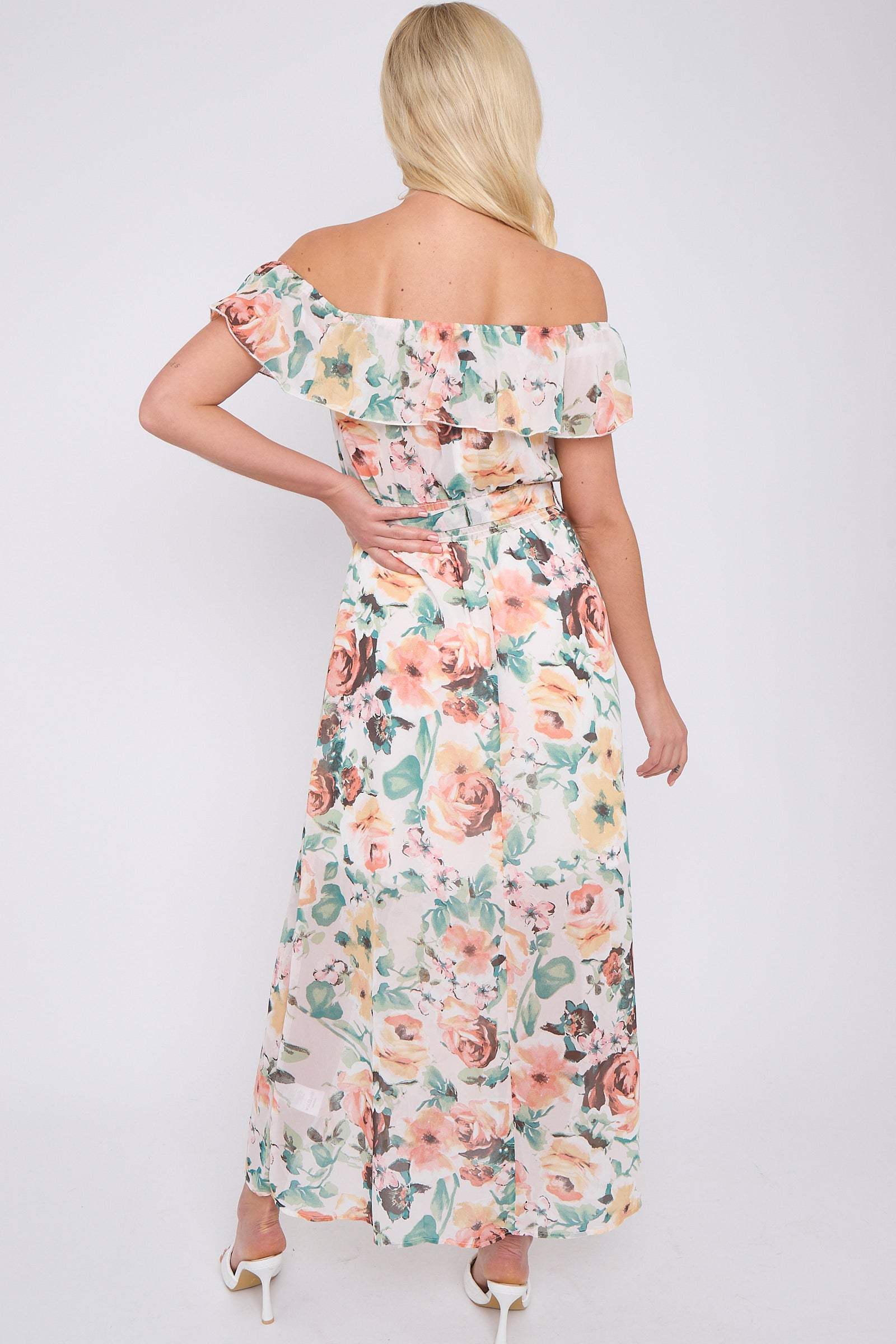 8Pcs Cream Rose Floral Print Chiffon Bardot Maxi Dress