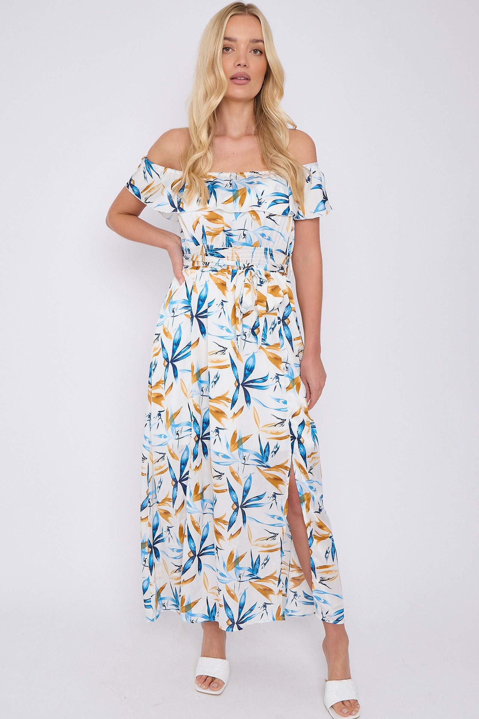 8Pcs Blue Mustard Floral Print Bardot Maxi Dress